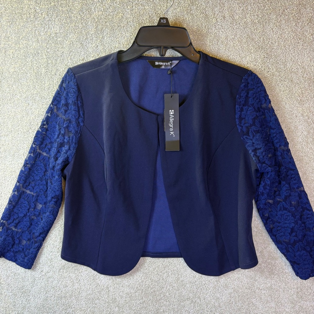 Allegra K Lace Sleeve Bolero Jacket Womens Medium Blue Cropped Open Front Shrug